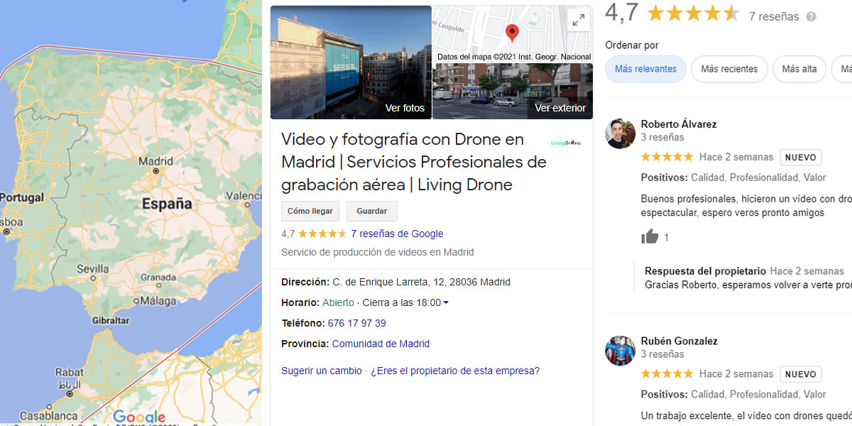 opiniones de videos con drones de clientes en google